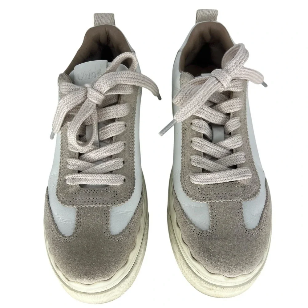 Chloé Lauren Leather Suede‎ Platform Sneakers White Beige 37